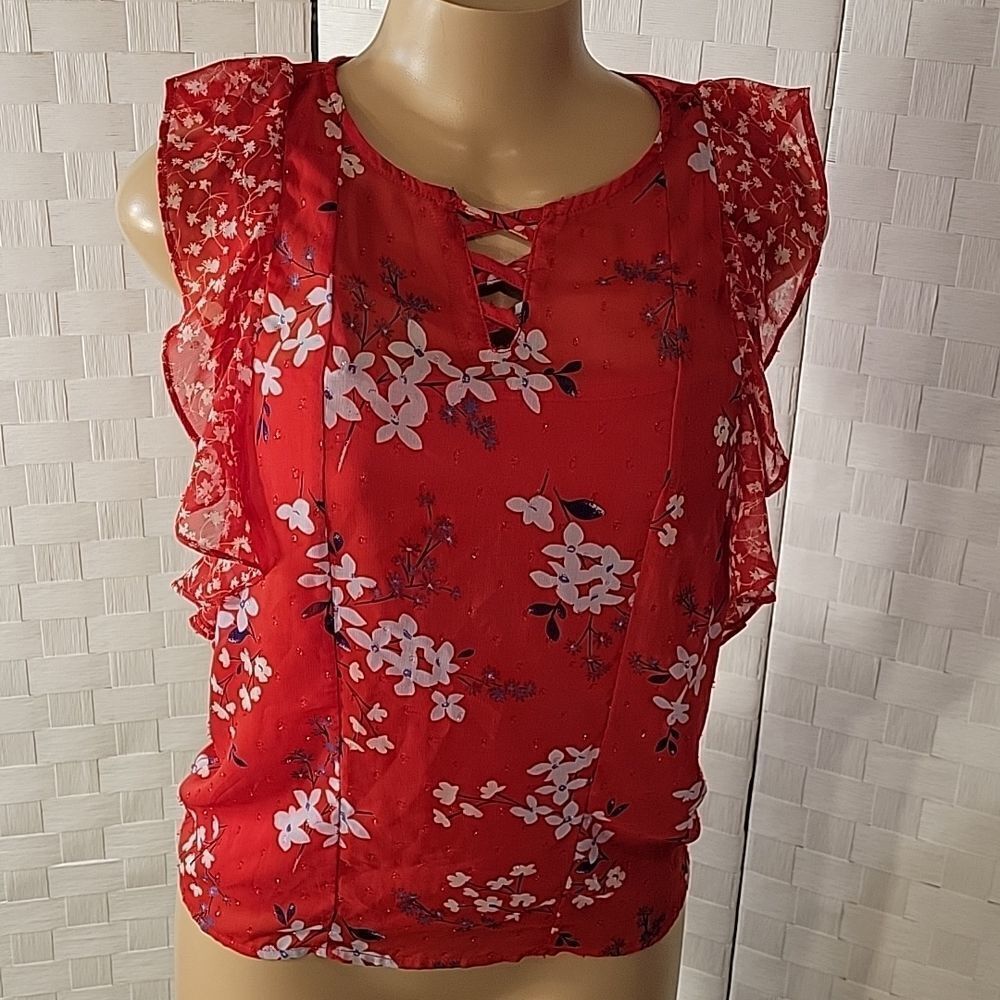 CANDIES CASUAL SLEEVELESS RUFFLE ROUNDNECK ALL OVER FLORAL PRINTED DESIGN SHIRT - Picture 11 of 13